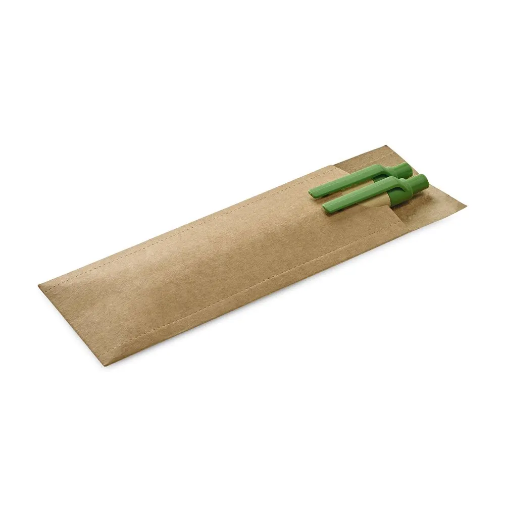 Conjunto de esferográfica com escrita em azul e lapiseira em papel kraft