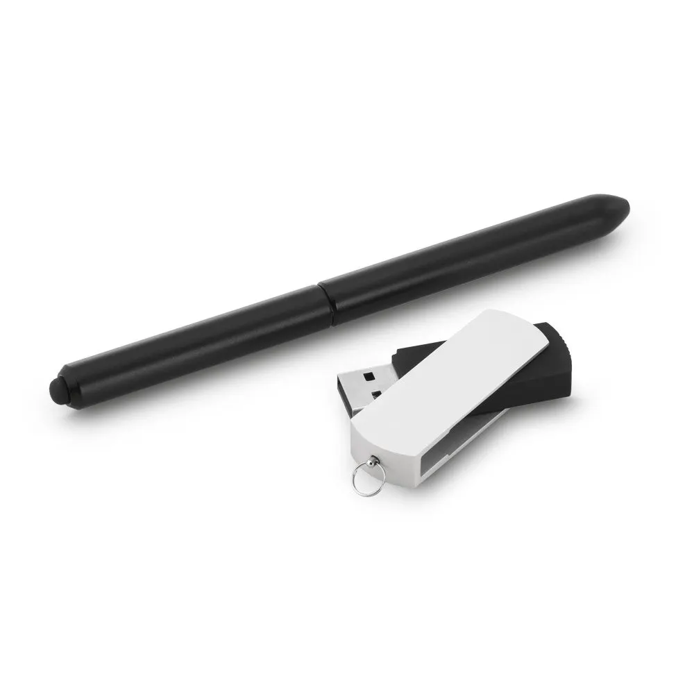 Conjunto esferográfica e pen drive