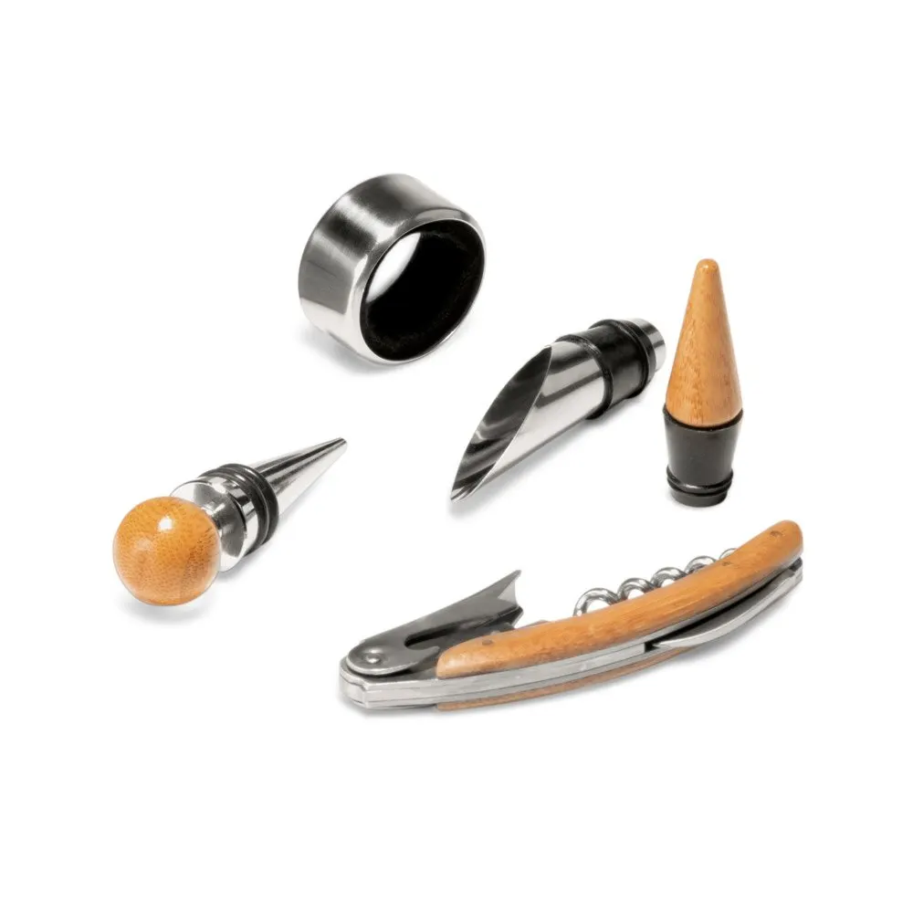 Conjunto para vinho com 4 peças em madeira e metal