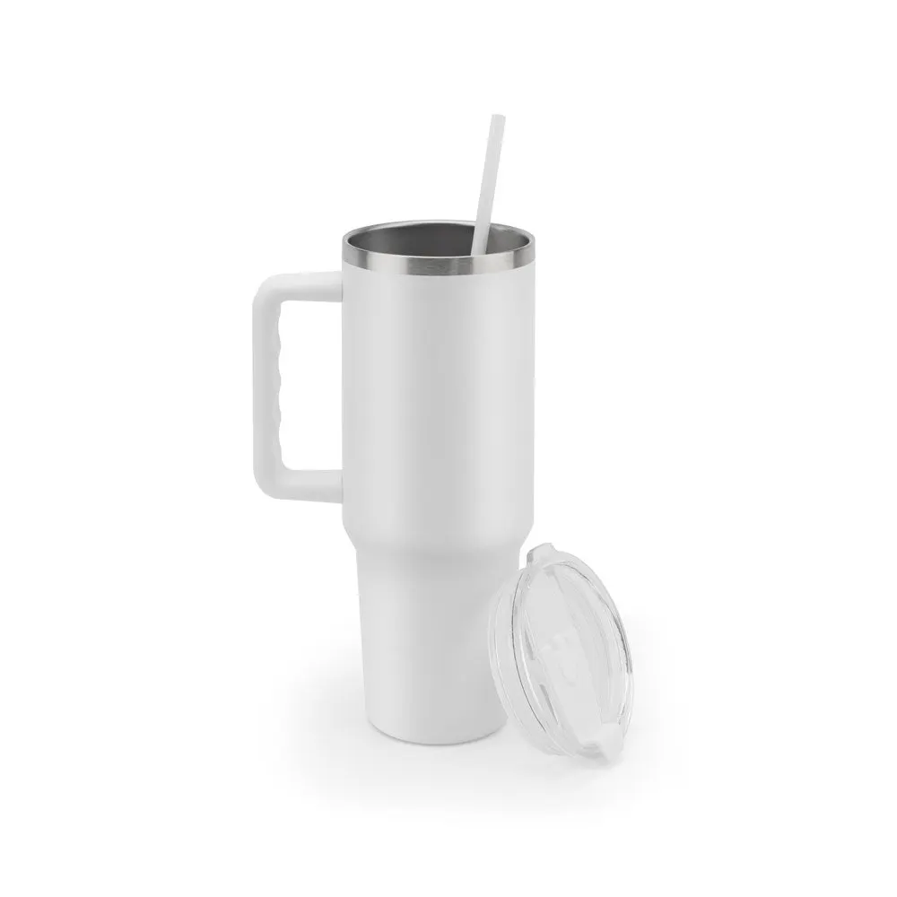 Copo de viagem de grande dimensão em aço inoxidável 91% reciclado com parede dupla isolada a vácuo e acabamento em mate 1300 mL