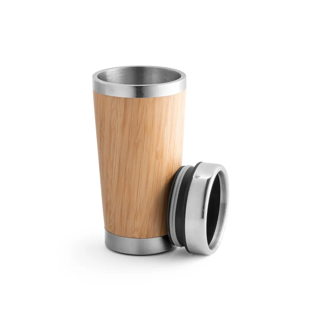 Copo de viagem em aço inox e bambu, térmico com parede dupla isolada a ar, com sistema de abertura deslizante 500 mL