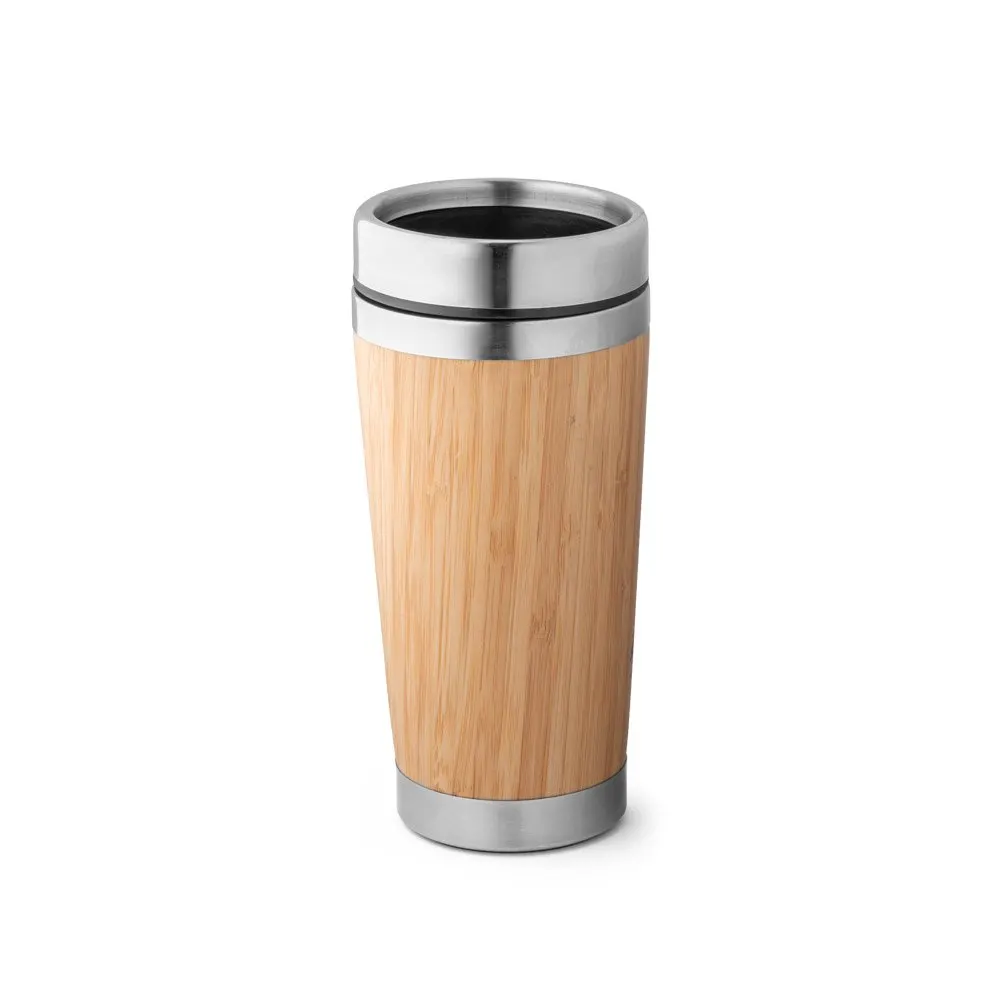 Copo de viagem em aço inox e bambu, térmico com parede dupla isolada a ar, com sistema de abertura deslizante 500 mL