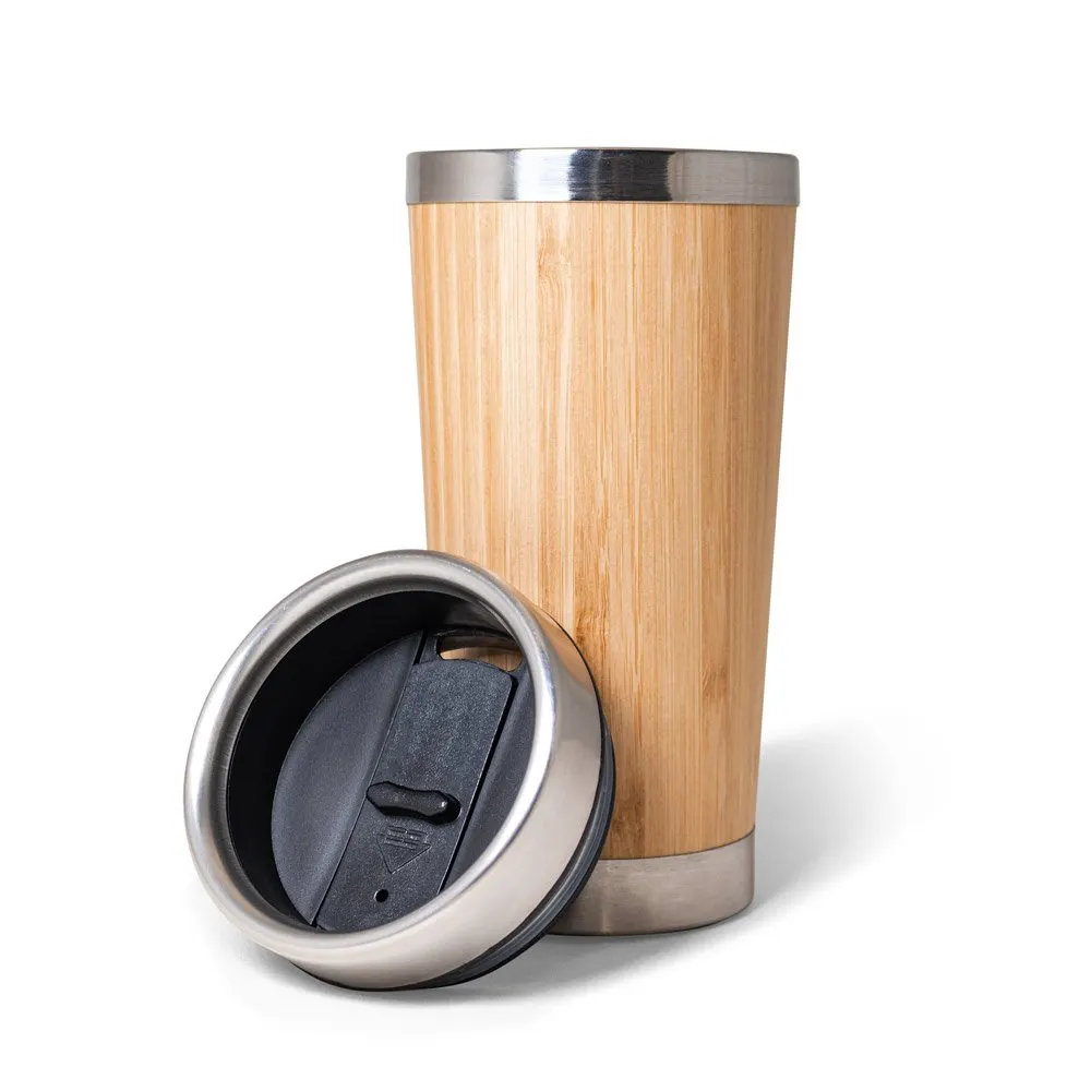 Copo de viagem em aço inox e bambu, térmico com parede dupla isolada a ar, com sistema de abertura deslizante 500 mL