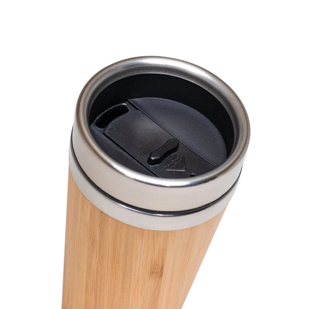 Copo de viagem em aço inox e bambu, térmico com parede dupla isolada a ar, com sistema de abertura deslizante 500 mL