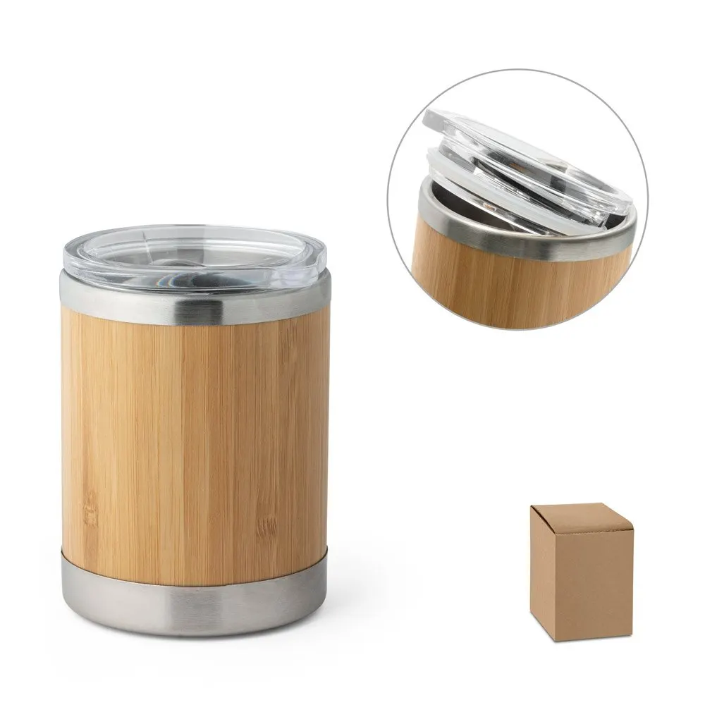 Copo de viagem em aço inox e bambu, térmico com parede dupla isolada a ar e tampa AS com fecho deslizante 350 mL