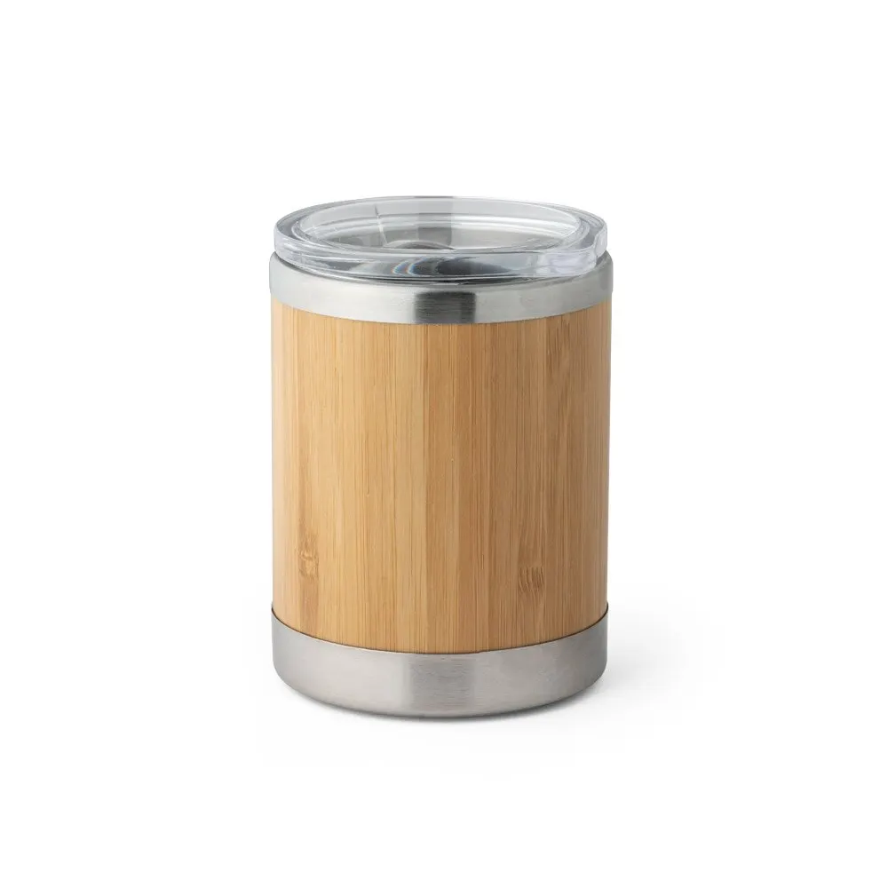 Copo de viagem em aço inox e bambu, térmico com parede dupla isolada a ar e tampa AS com fecho deslizante 350 mL
