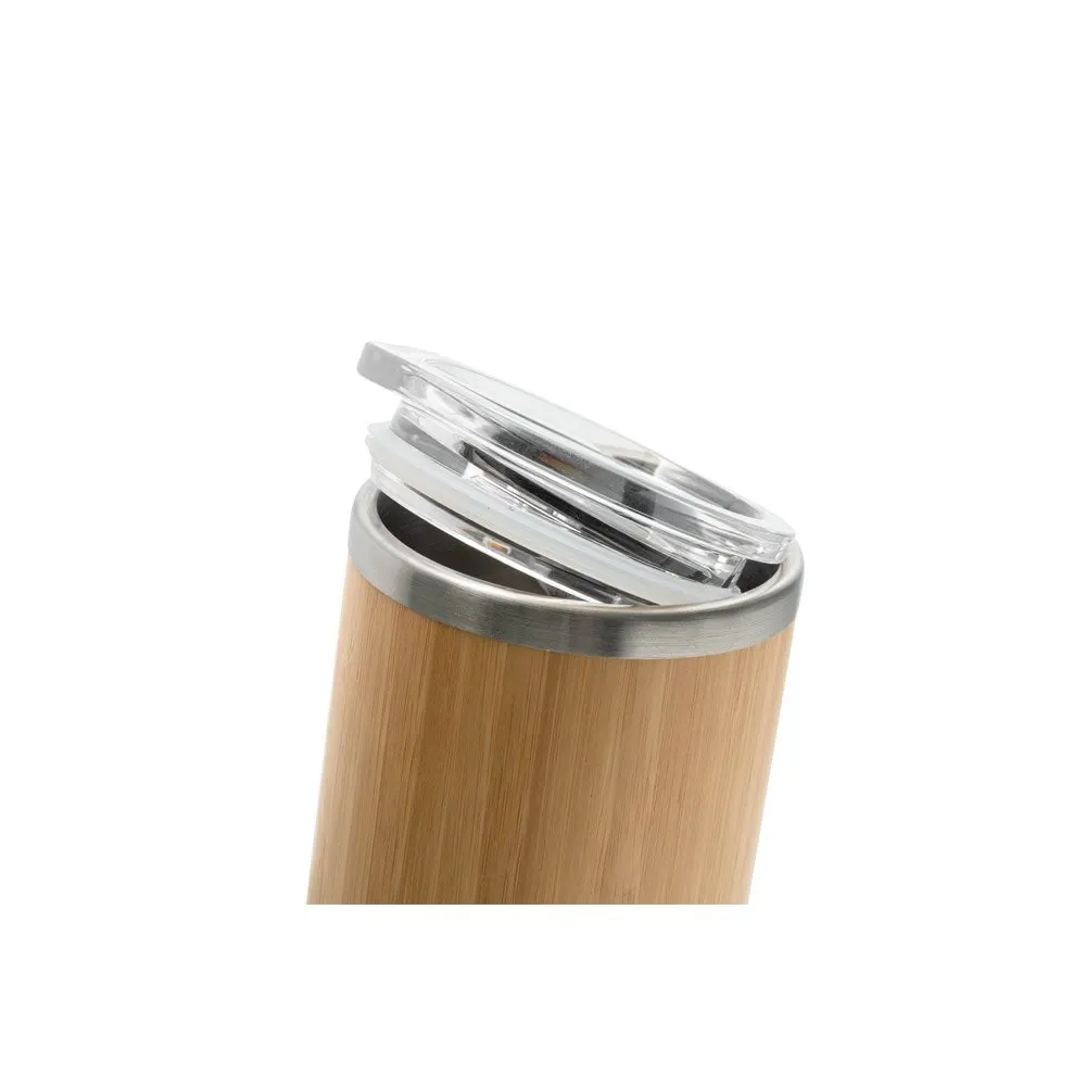 Copo de viagem em aço inox e bambu, térmico com parede dupla isolada a ar e tampa AS com fecho deslizante 350 mL