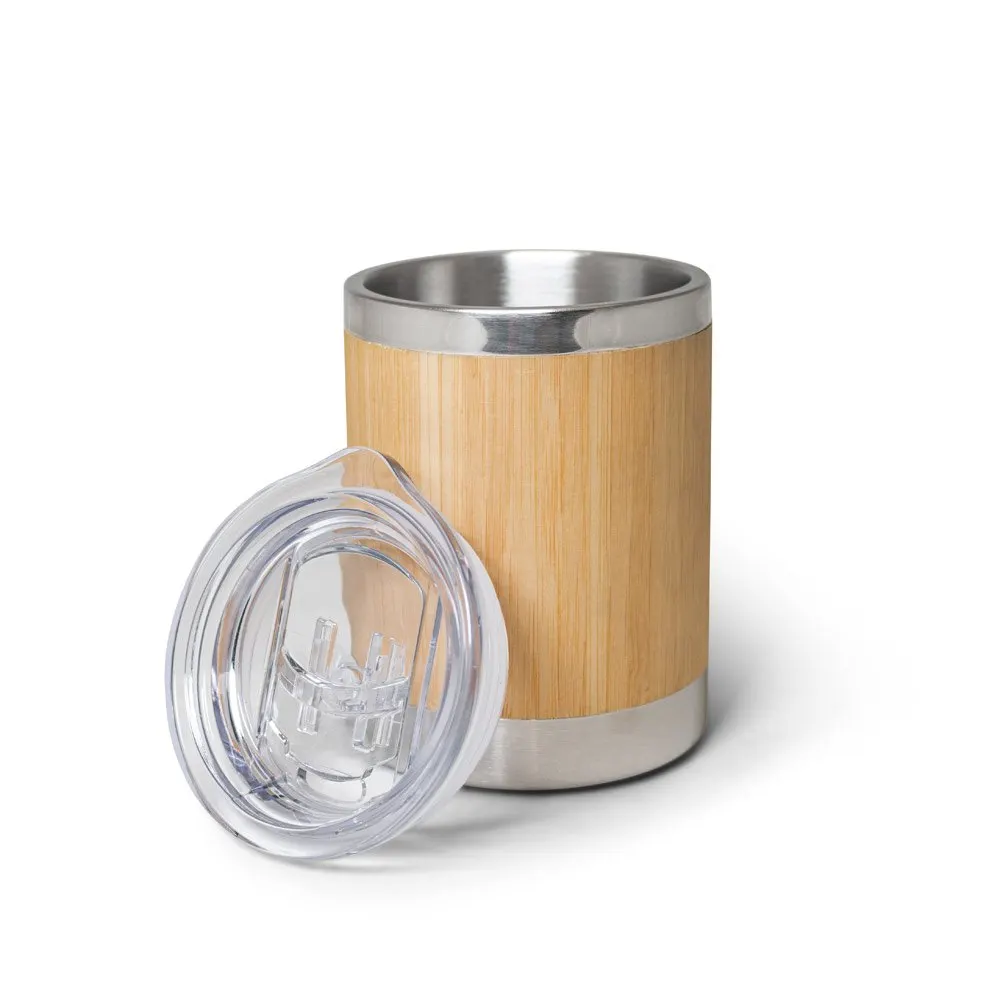 Copo de viagem em aço inox e bambu, térmico com parede dupla isolada a ar e tampa AS com fecho deslizante 350 mL