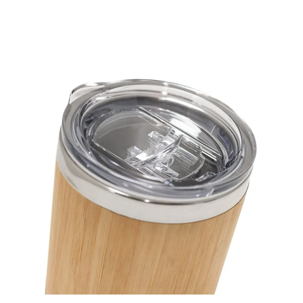 Copo de viagem em aço inox e bambu, térmico com parede dupla isolada a ar e tampa AS com fecho deslizante 350 mL