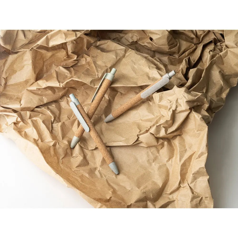 Esferográfica em cortiça, fibra de palha de trigo e PP com escrita em azul