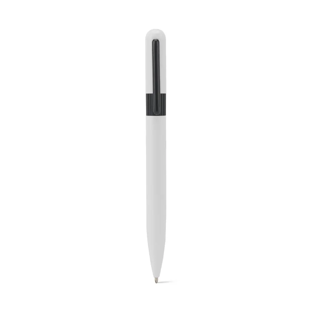 Esferográfica em metal 60% reciclado com design arredondado e escrita em preto