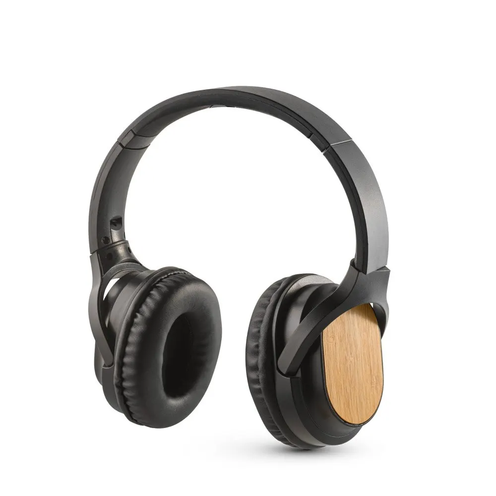 Fones de ouvido wireless em bambu e ABS com autonomia de 5h