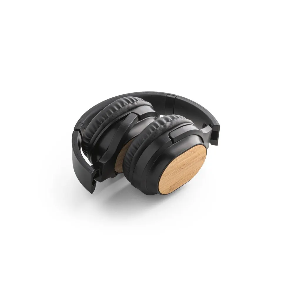 Fones de ouvido wireless em bambu e ABS com autonomia de 5h