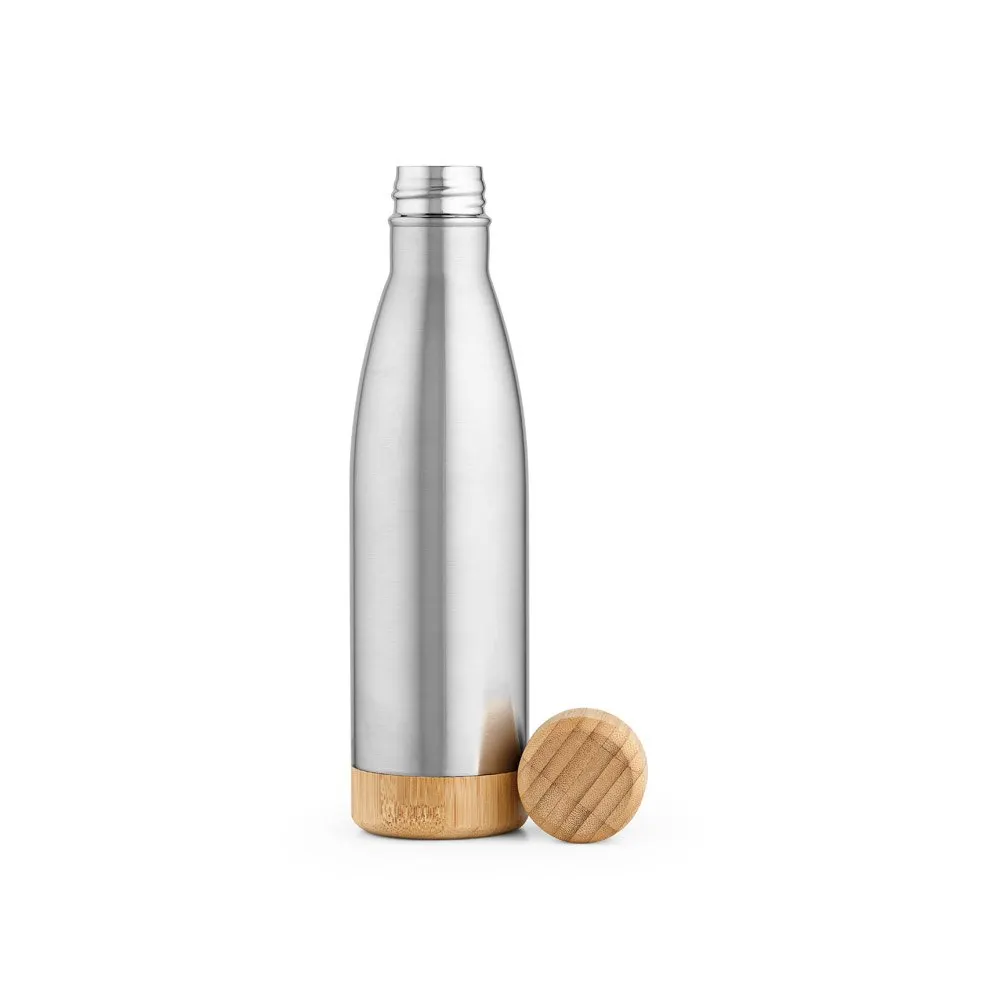Garrafa em aço inox 90% reciclado de parede dupla térmica, isolada a vácuo com tampa em bambu 550 mL