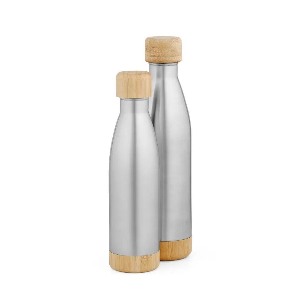 Garrafa em aço inox 90% reciclado de parede dupla térmica, isolada a vácuo com tampa em bambu 550 mL