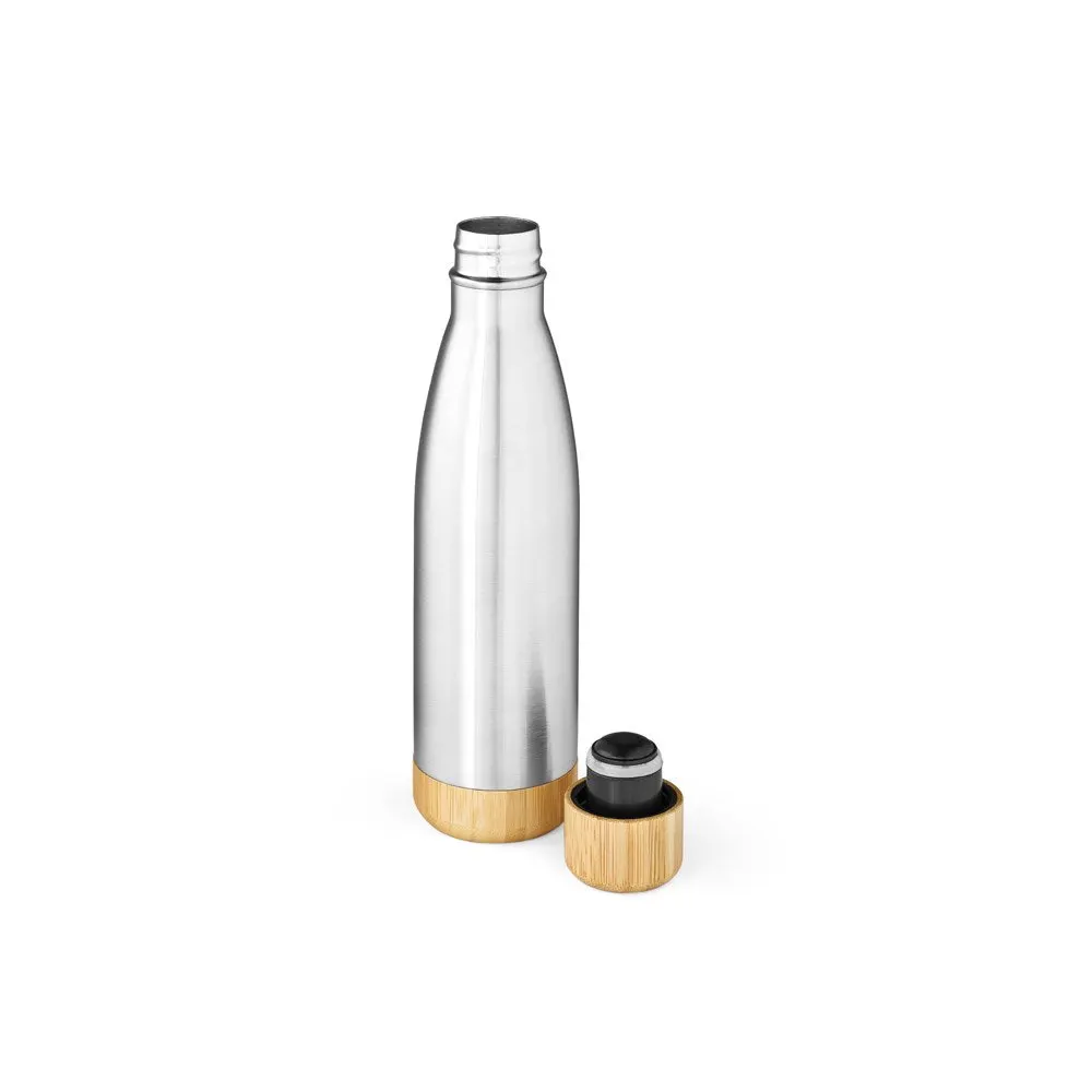 Garrafa em aço inox 90% reciclado de parede dupla térmica, isolada a vácuo com tampa em bambu 550 mL