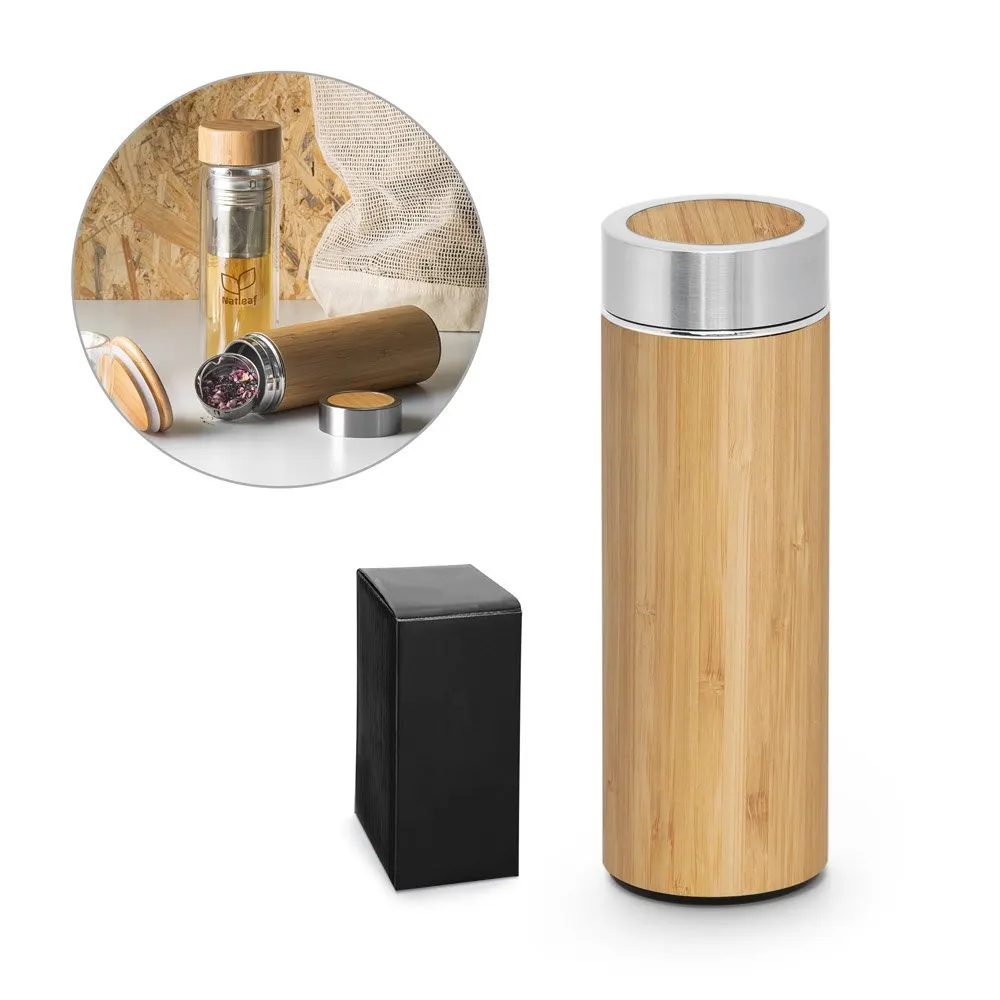 Garrafa em aço inox 90% reciclado e bambu de parede dupla térmica, isolada a vácuo 430 mL