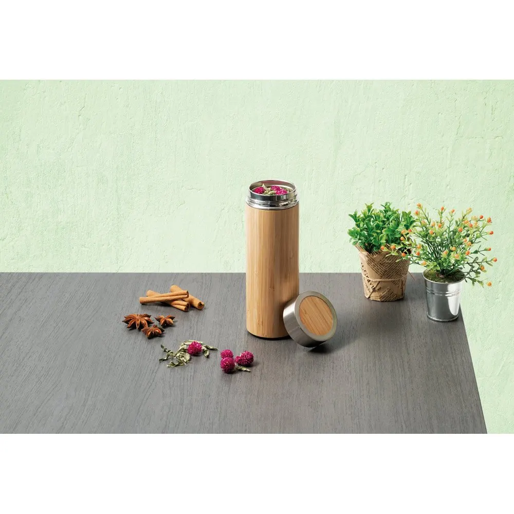 Garrafa em aço inox 90% reciclado e bambu de parede dupla térmica, isolada a vácuo 430 mL