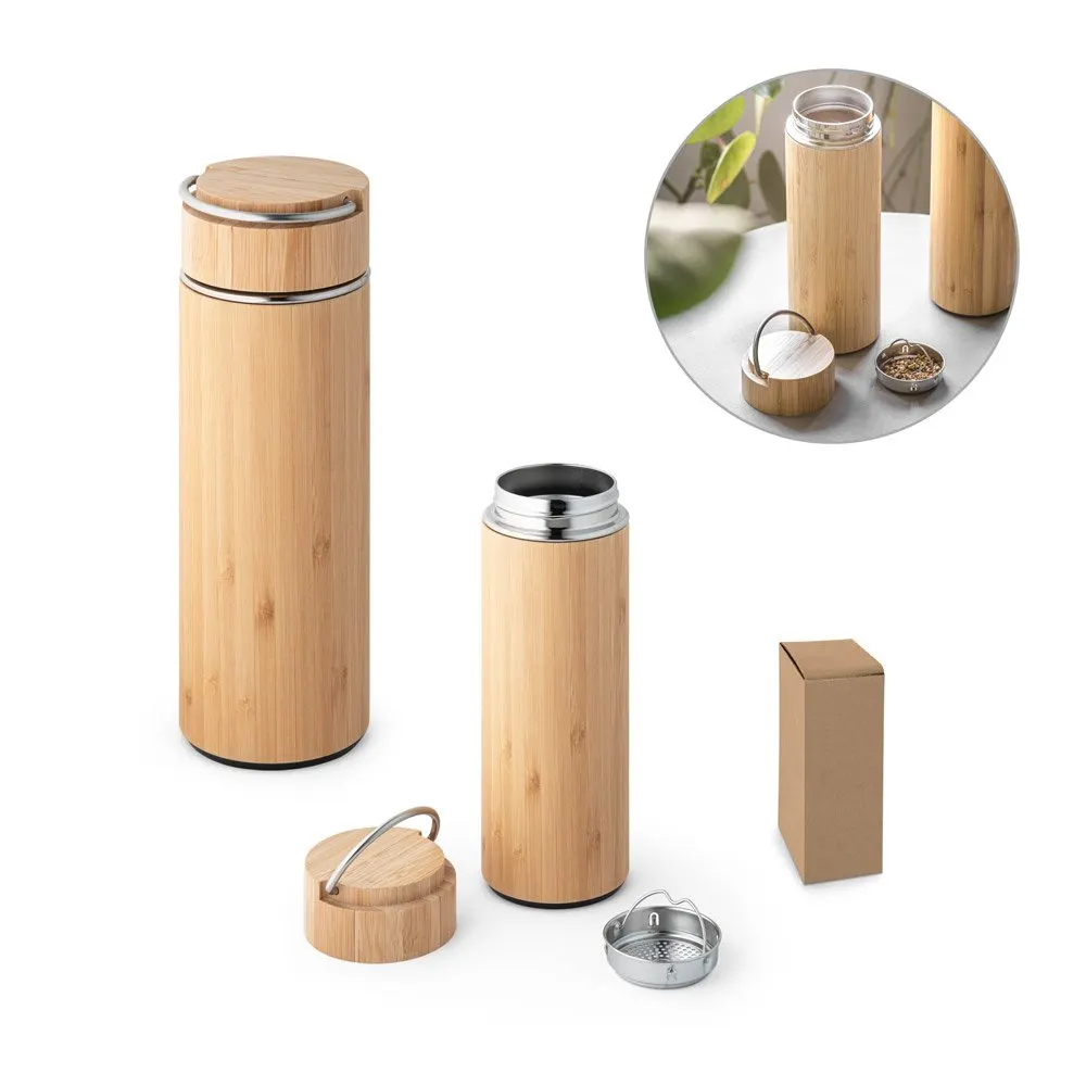 Garrafa em aço inox e bambu de parede dupla térmica, isolada a vácuo 440 mL