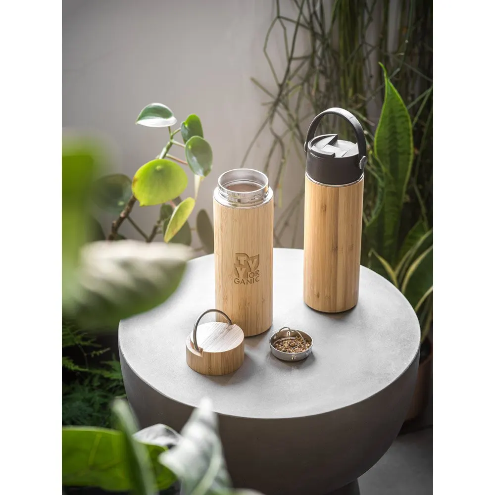 Garrafa em aço inox e bambu de parede dupla térmica, isolada a vácuo 440 mL