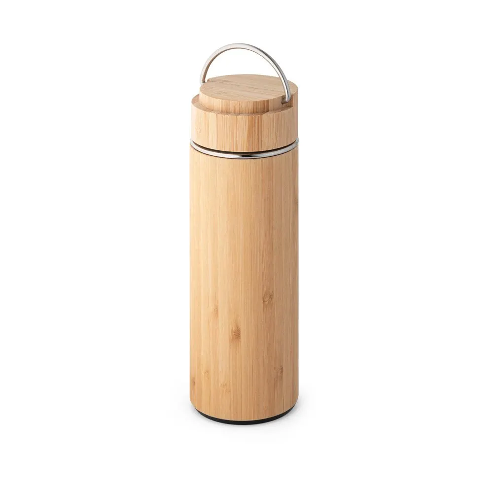 Garrafa em aço inox e bambu de parede dupla térmica, isolada a vácuo 440 mL