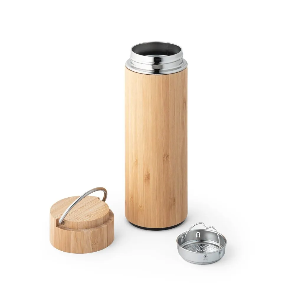 Garrafa em aço inox e bambu de parede dupla térmica, isolada a vácuo 440 mL