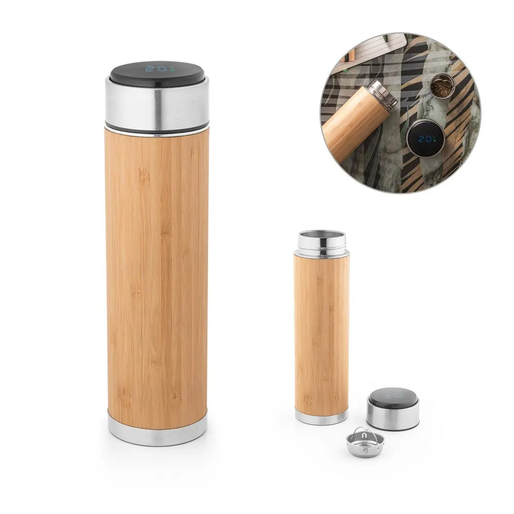 Garrafa em aço inox e bambu de parede dupla térmica, isolada a vácuo com termómetro digital 430 mL