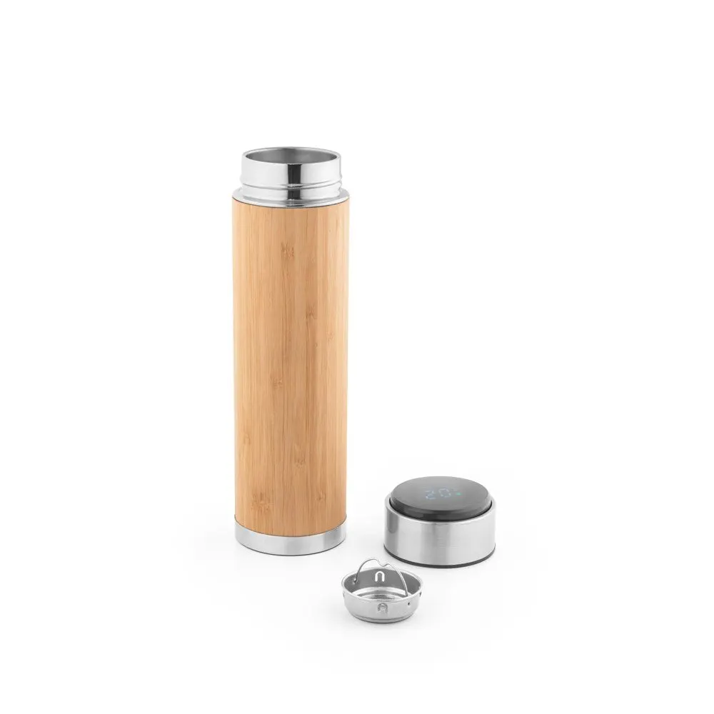 Garrafa em aço inox e bambu de parede dupla térmica, isolada a vácuo com termómetro digital 430 mL