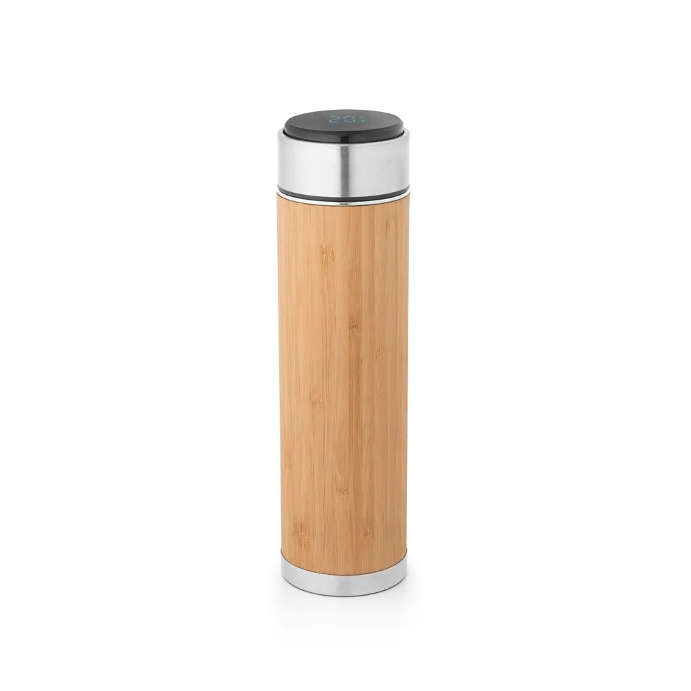 Garrafa em aço inox e bambu de parede dupla térmica, isolada a vácuo com termómetro digital 430 mL