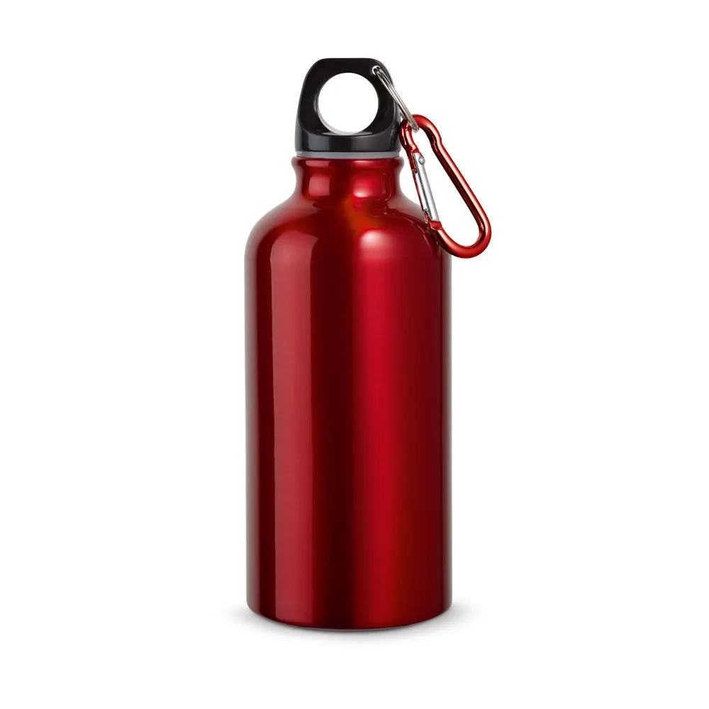 Garrafa esportiva em alumínio e acabamento metálico com mosquetão 400 mL