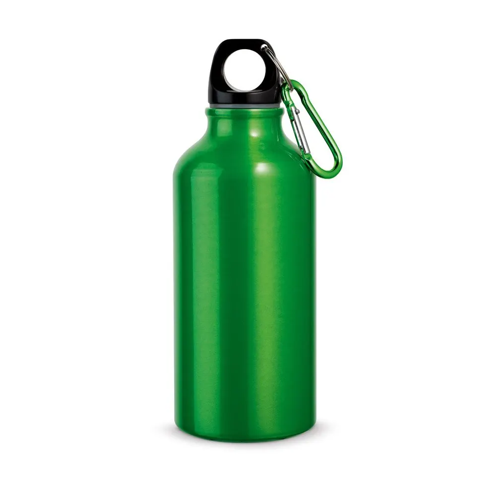 Garrafa esportiva em alumínio e acabamento metálico com mosquetão 400 mL