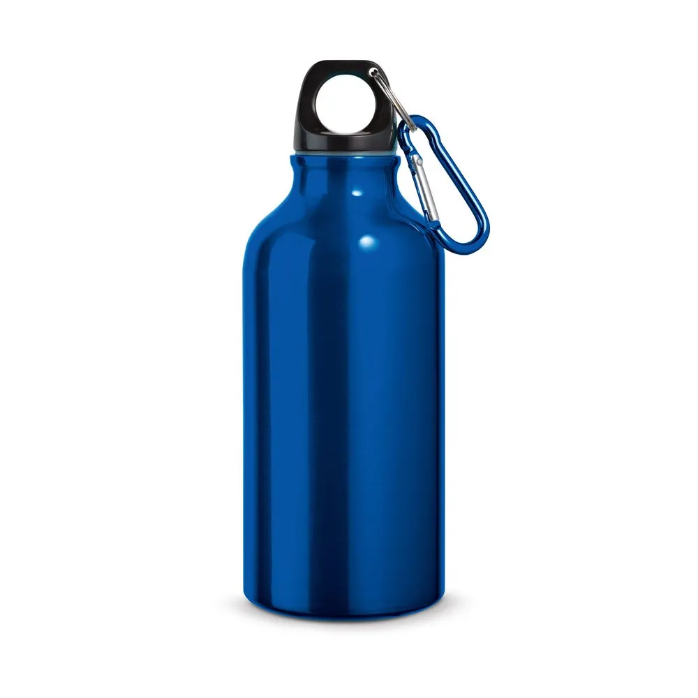 Garrafa esportiva em alumínio e acabamento metálico com mosquetão 400 mL