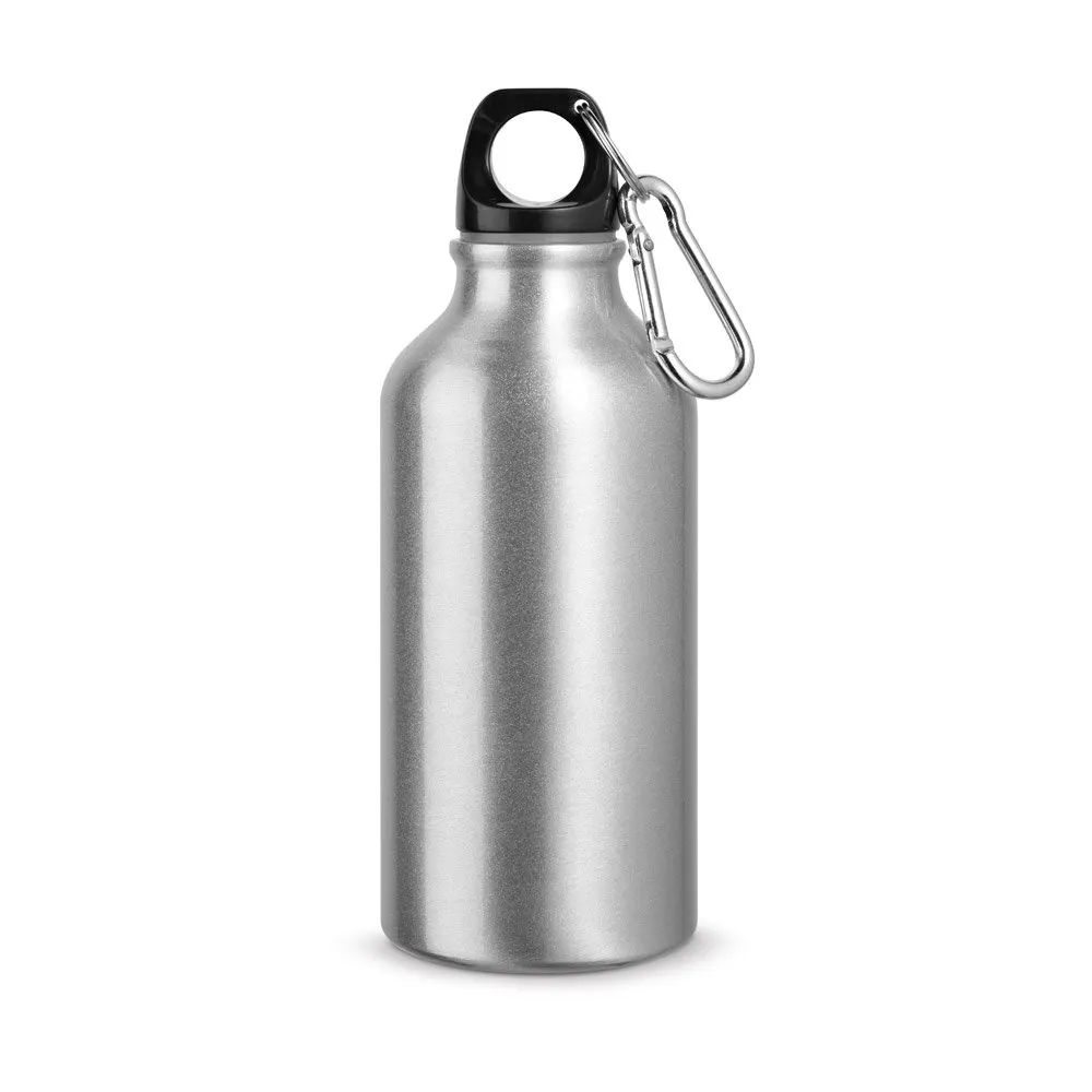 Garrafa esportiva em alumínio e acabamento metálico com mosquetão 400 mL