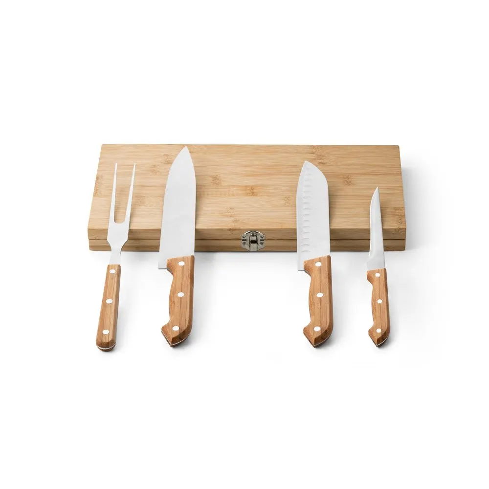 Kit churrasco em caixa bambu com 4 utensílios em aço inox e bambu