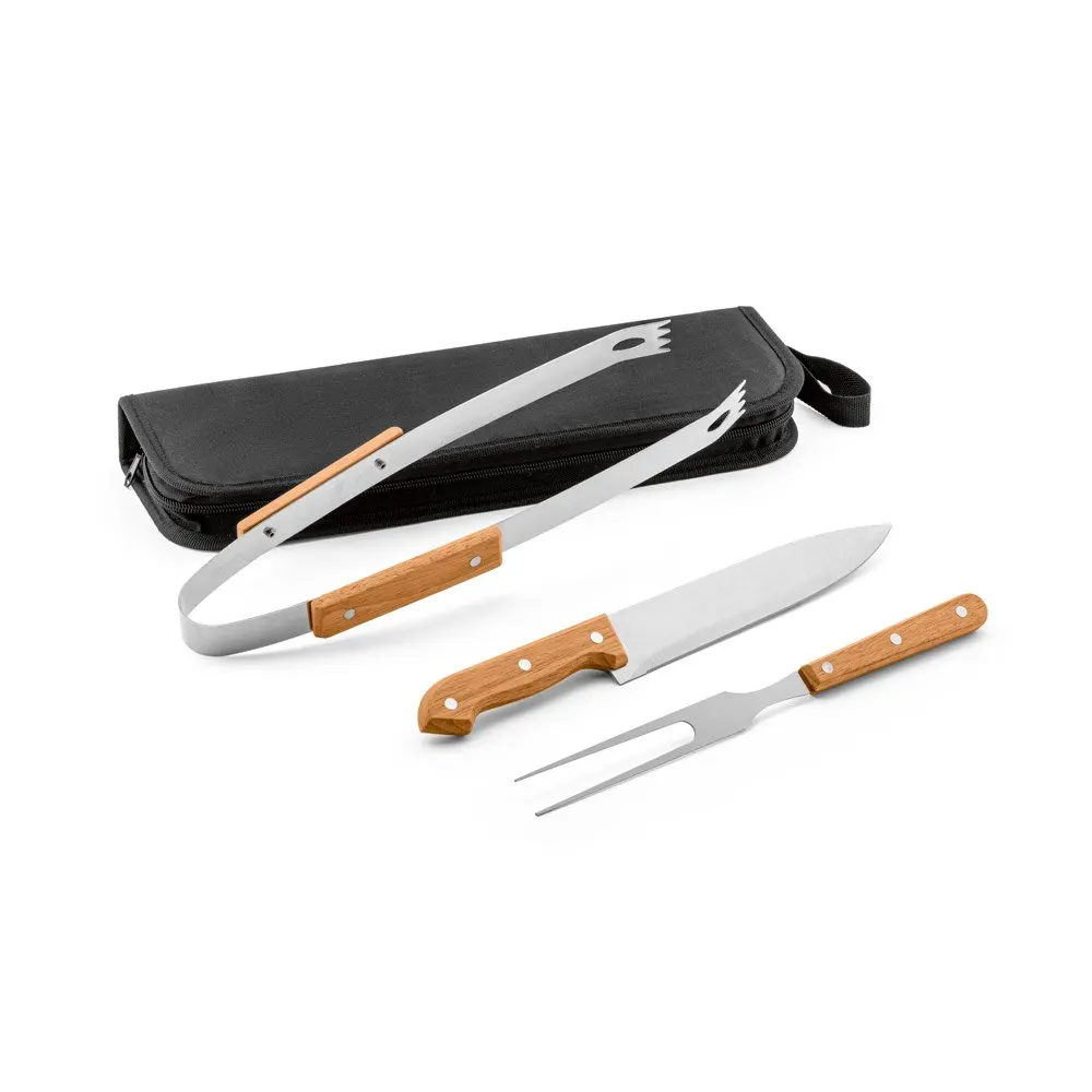 Kit churrasco em estojo de 210D com 3 utensílios em aço inox e madeira de seringueira
