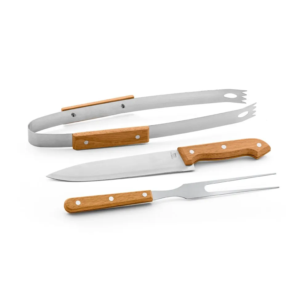 Kit churrasco em estojo de 210D com 3 utensílios em aço inox e madeira de seringueira