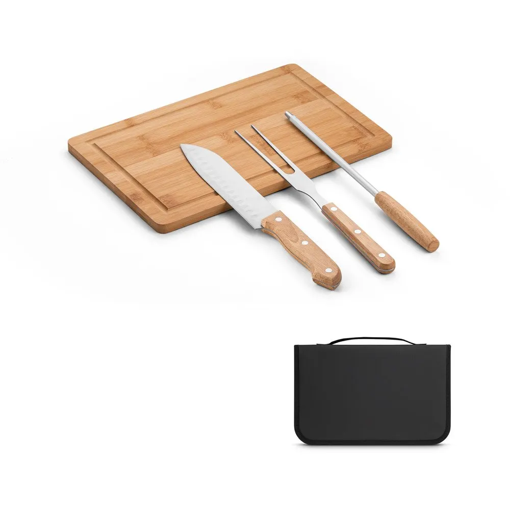 Kit churrasco em estojo de 210D e tábua em bambu com 3 utensílios em aço inox e madeira de seringueira
