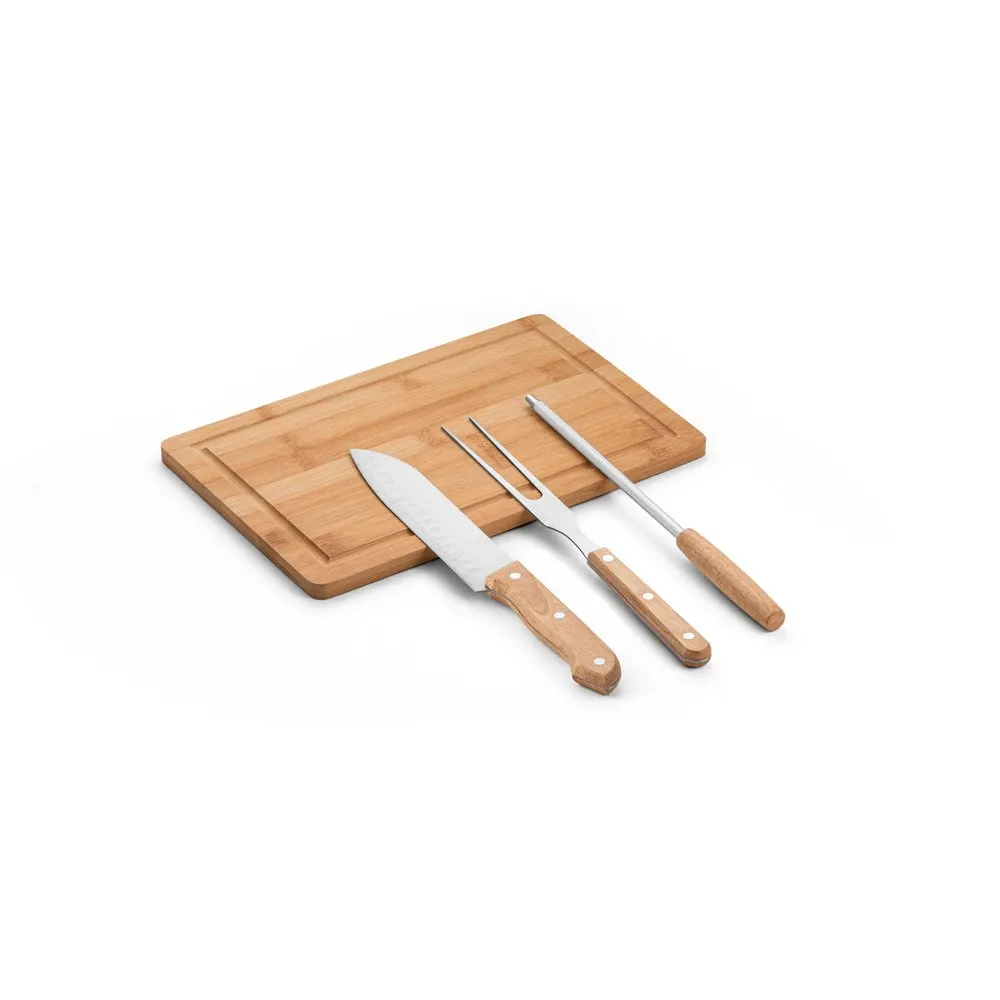 Kit churrasco em estojo de 210D e tábua em bambu com 3 utensílios em aço inox e madeira de seringueira
