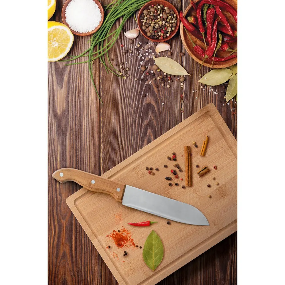 Kit churrasco em estojo de 210D e tábua em bambu com 5 utensílios em aço inox e madeira de Seringueira