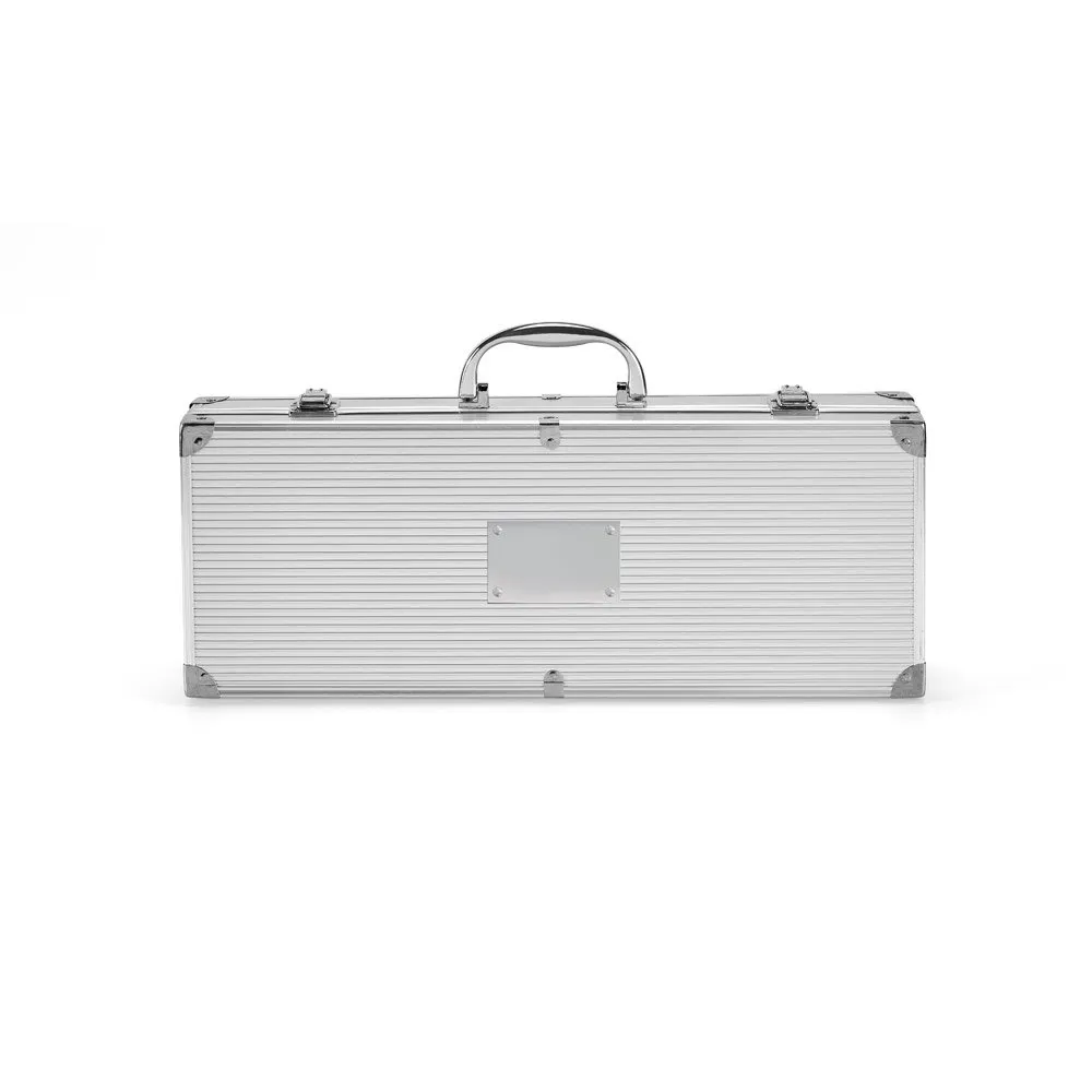 Kit churrasco em estojo de alumínio com luva de cozinha em poliéster e 6 utensílios em aço inox