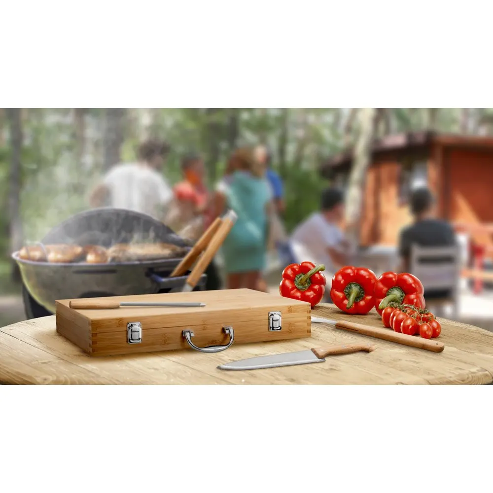 Kit churrasco em estojo de bambu com 6 peças em aço inox e bambu