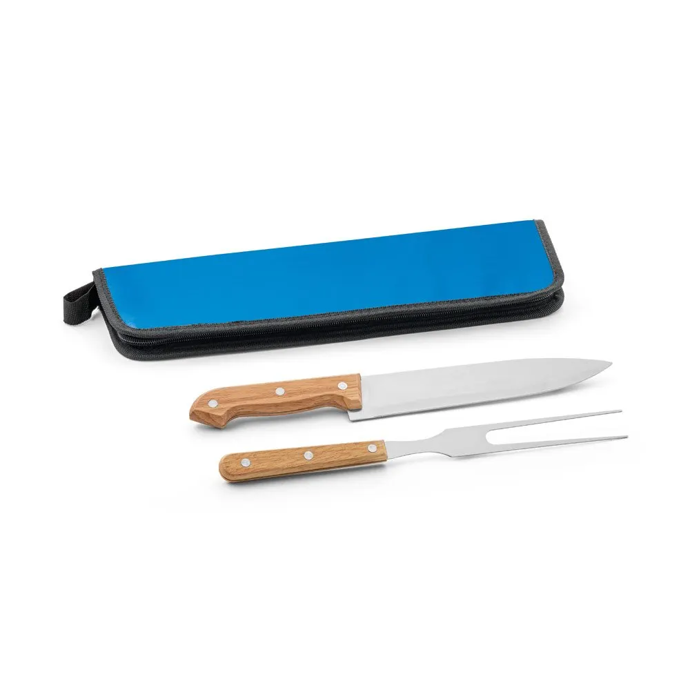 Kit churrasco em estojo em 210D com 2 utensílios em aço inox e madeira seringueira