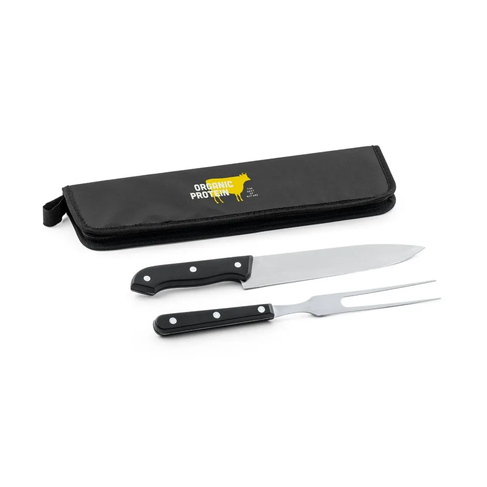 Kit churrasco em estojo em 210D em 2 utensílios em aço inox e PP