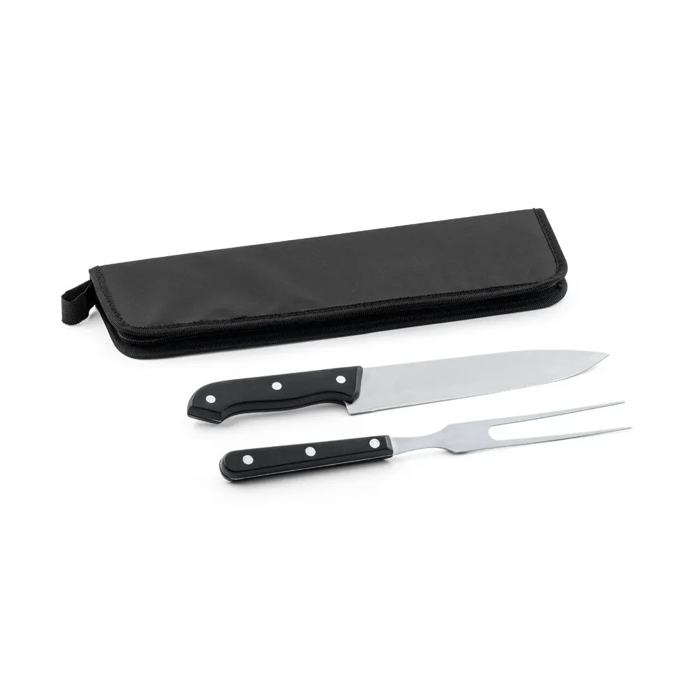 Kit churrasco em estojo em 210D em 2 utensílios em aço inox e PP