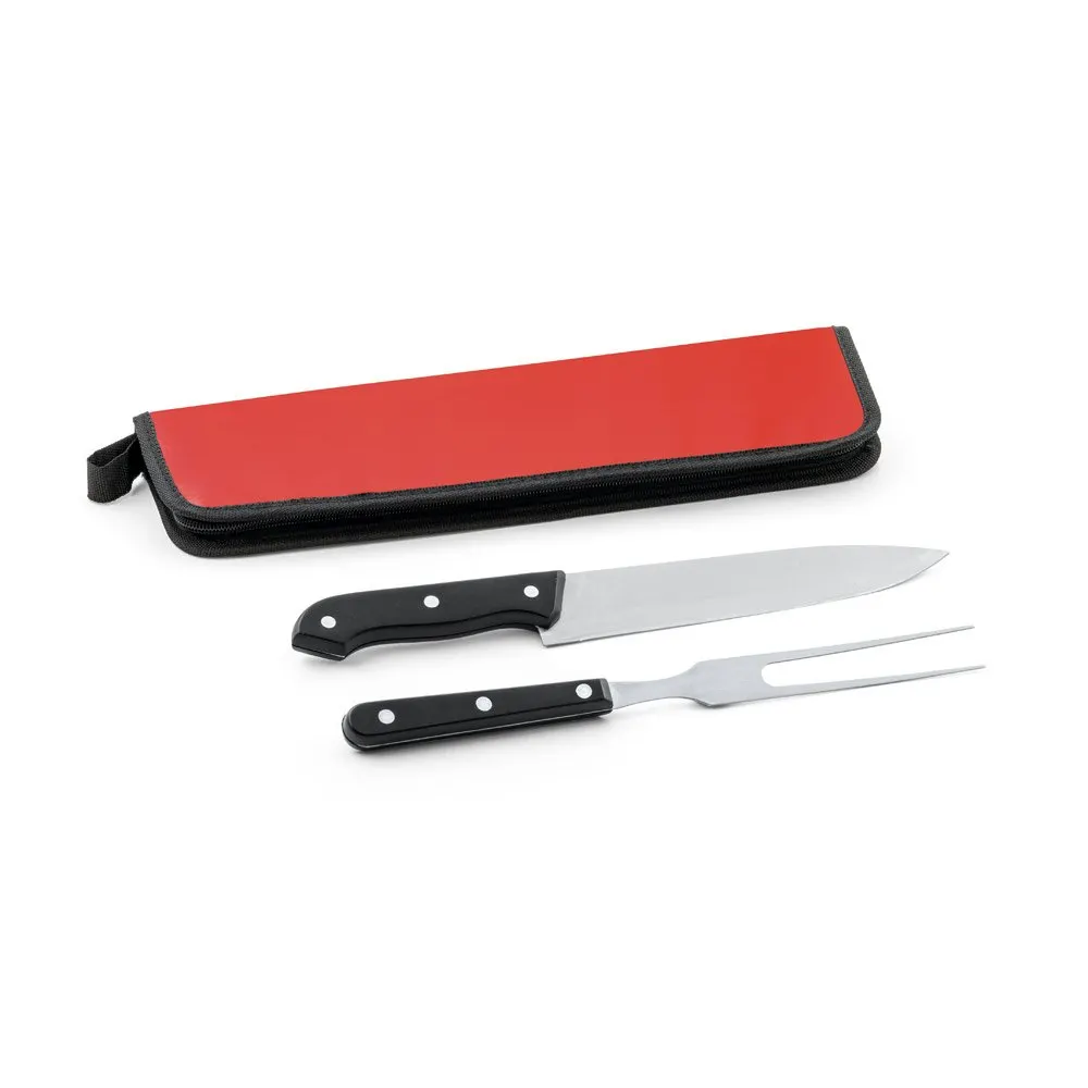 Kit churrasco em estojo em 210D em 2 utensílios em aço inox e PP