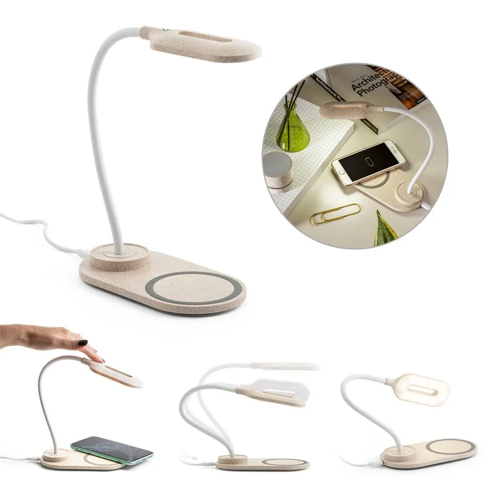 Luminária de mesa com carregador wireless super-rápido (15W) em ABS e fibra de palha de trigo