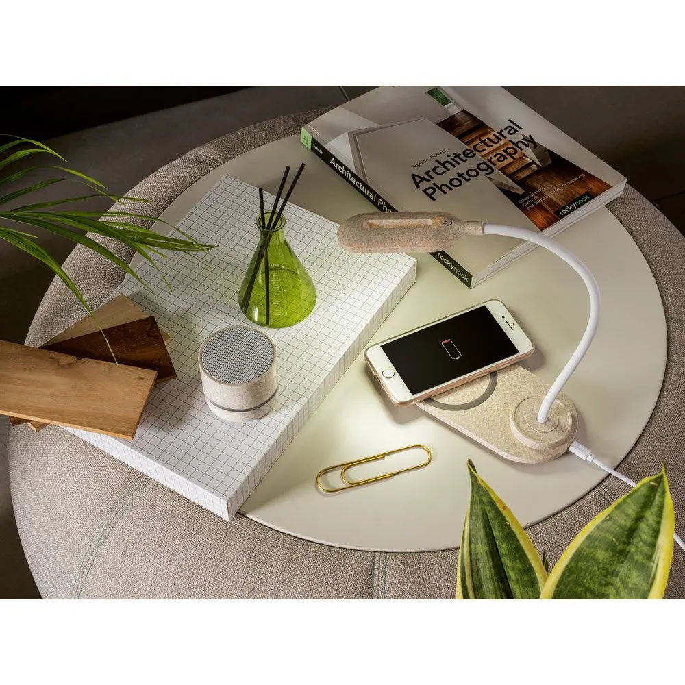 Luminária de mesa com carregador wireless super-rápido (15W) em ABS e fibra de palha de trigo