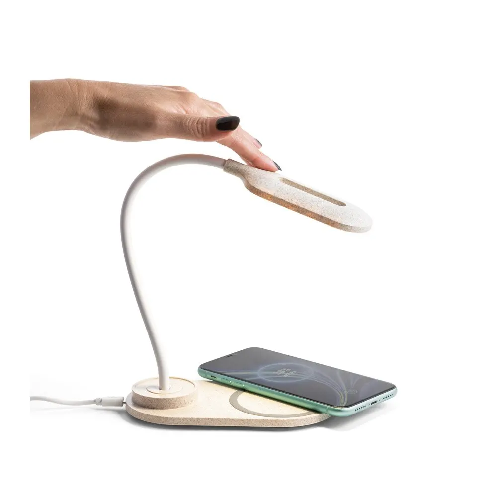 Luminária de mesa com carregador wireless super-rápido (15W) em ABS e fibra de palha de trigo