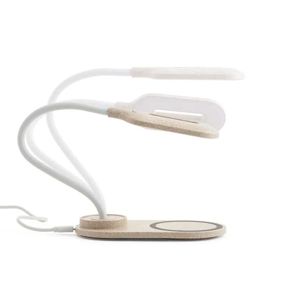 Luminária de mesa com carregador wireless super-rápido (15W) em ABS e fibra de palha de trigo