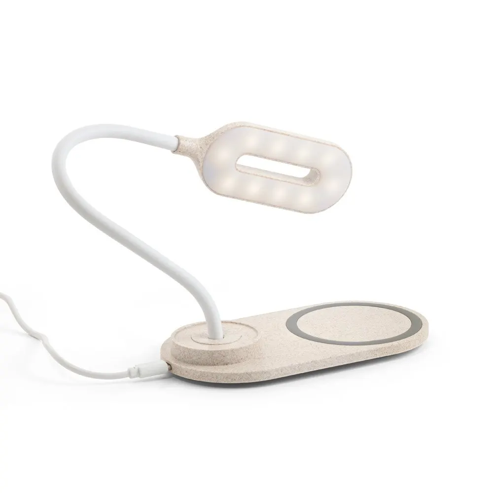 Luminária de mesa com carregador wireless super-rápido (15W) em ABS e fibra de palha de trigo